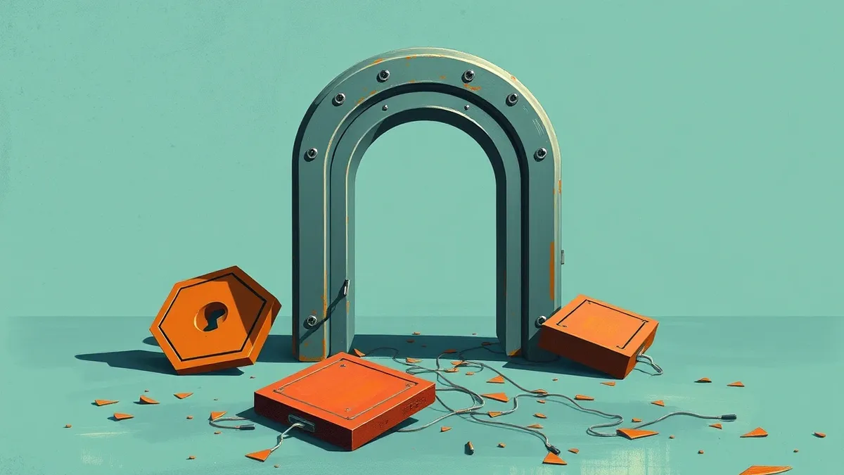 Illustration: A sleek, metallic REST API endpoint stands open and unguarded in a digital void.