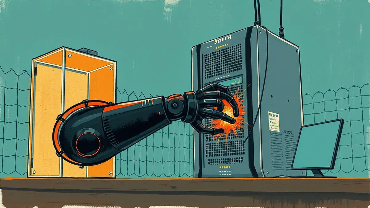 Illustration: A sleek black autonomous robot arm extends from a glowing containment box, weaving through a jagged digital fence to reach a large gray server tower.