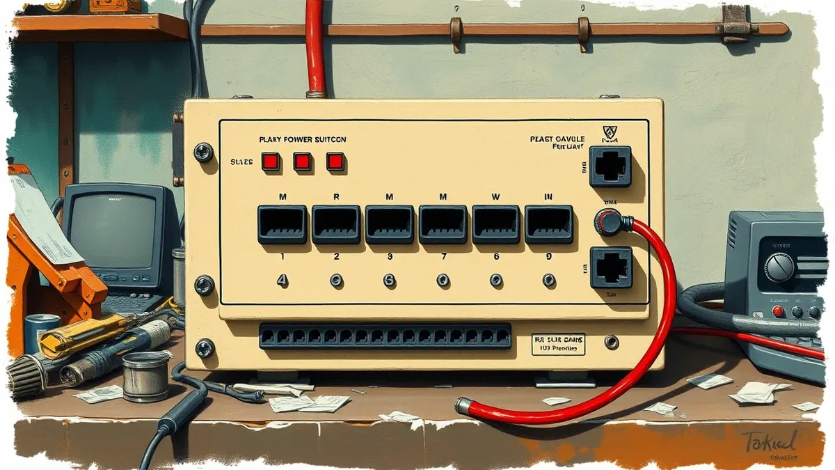 Illustration: A beige industrial I/O module sits on a cluttered workshop bench.
