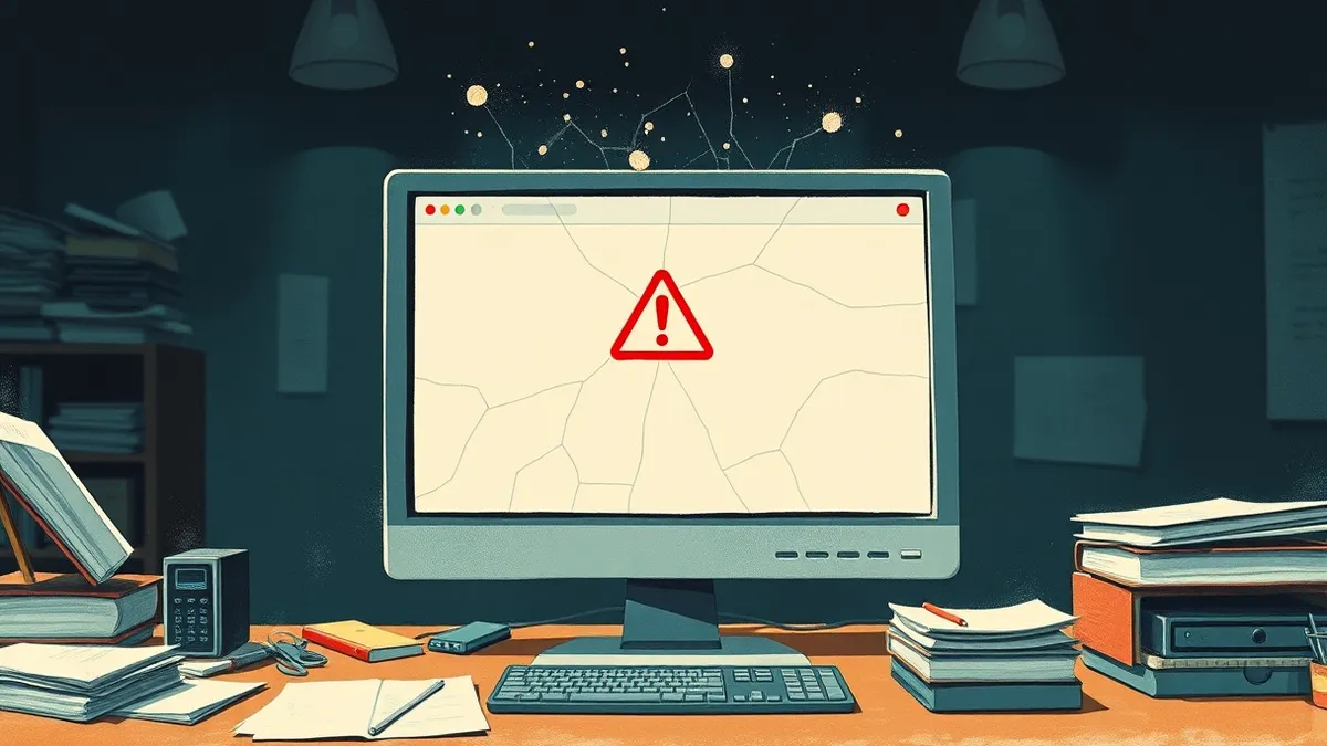 Illustration: A blank computer monitor sits on a cluttered desk.