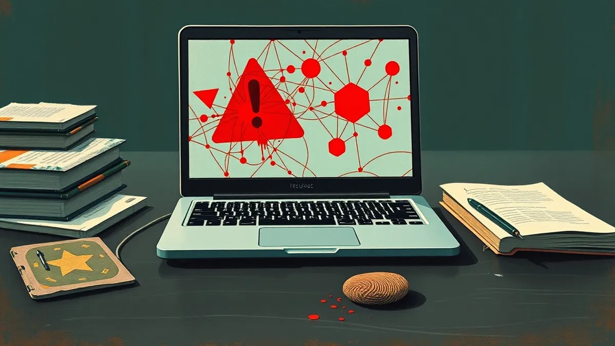 Illustration: A lone laptop sits open on a dark desk, its screen displaying abstract red warning shapes and tangled digital threads.