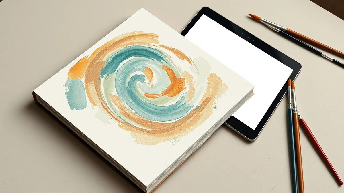 Illustration: A glossy paperback book lies on a table, its cover displaying a swirling abstract painting of indistinct shapes and soft colors.