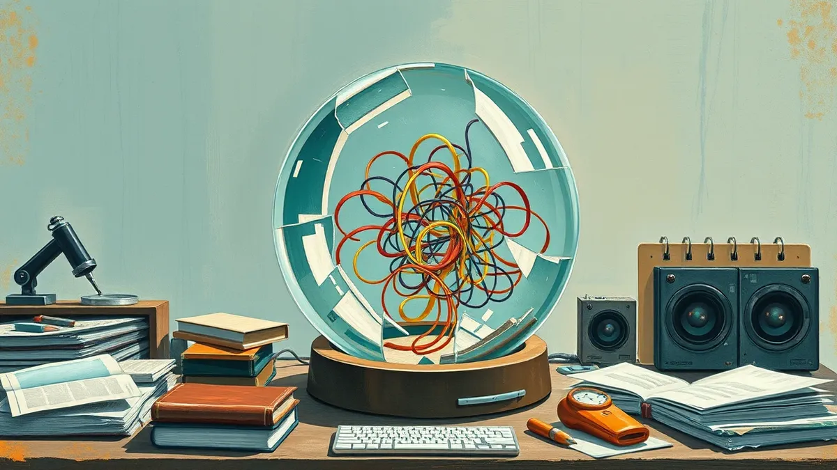 Illustration: A fractured glass dome sits on a cluttered desk, its sharp shards reflecting abstract light patterns.