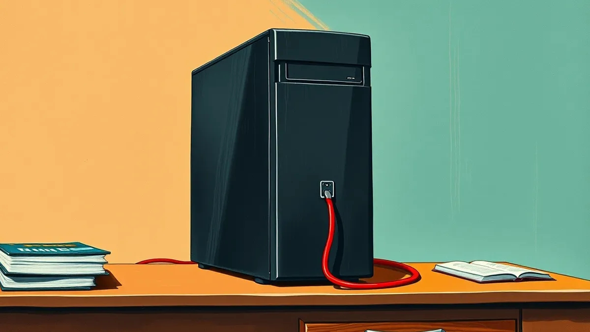 Illustration: A sleek black desktop tower sits on a wooden desk, its front panel glowing with a steady blue light.