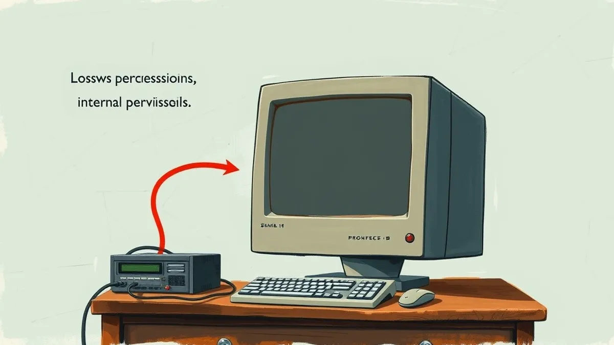 Illustration: A single desktop computer sits on a wooden desk with its monitor displaying a blank gray interface.