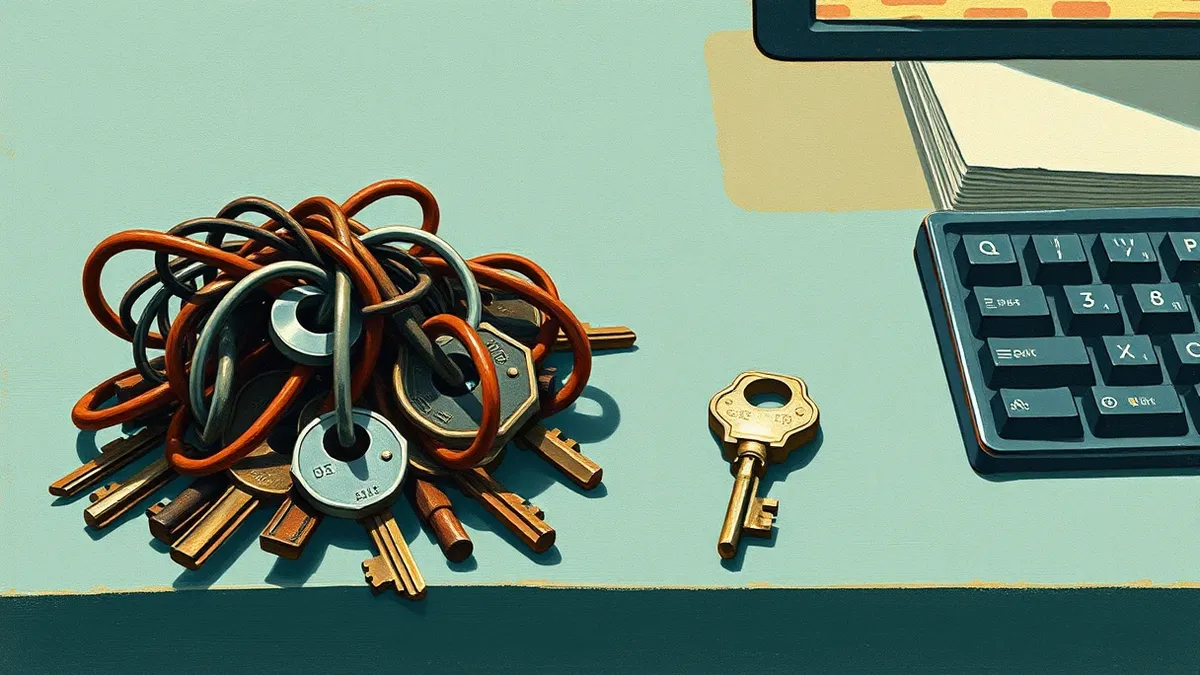 Illustration: A tangled knot of old metal keys sits next to a single shiny new key on a clean desk.