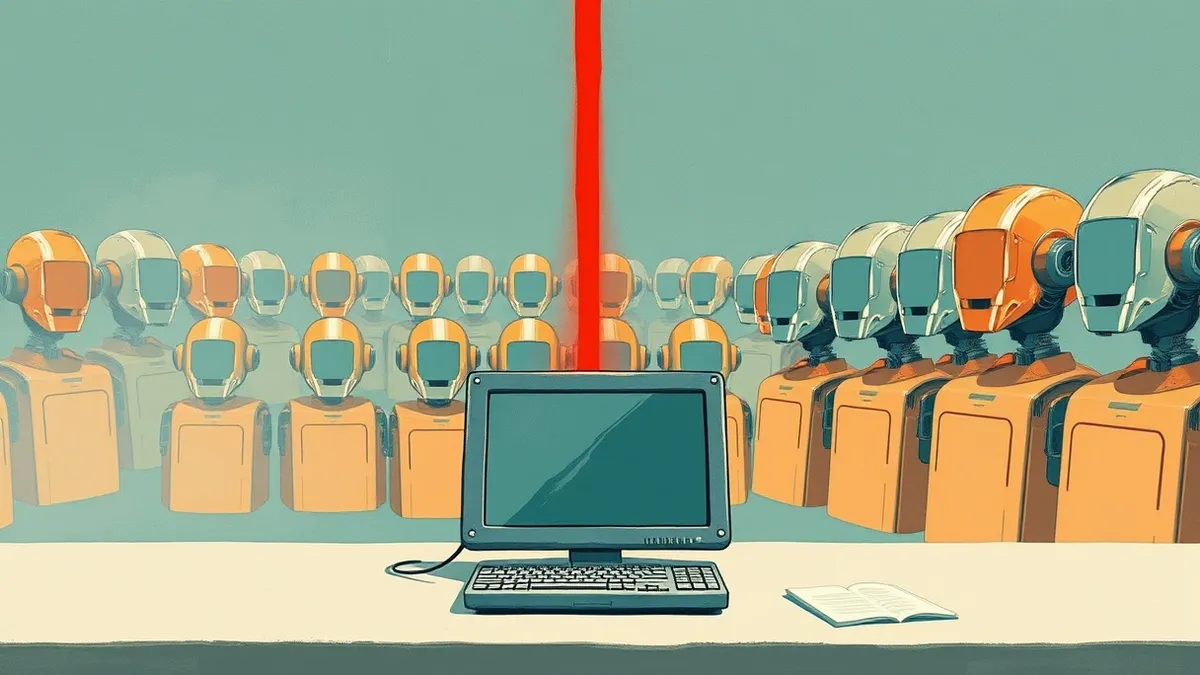 Illustration: A single sleek chatbot interface sits on a clean desk, emitting a thin red laser beam that pierces through a wall of identical, dormant robot heads.