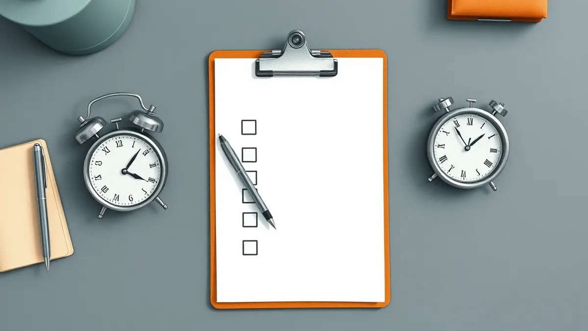 Illustration: A clean white clipboard rests on a sleek gray desk, holding a blank paper checklist.