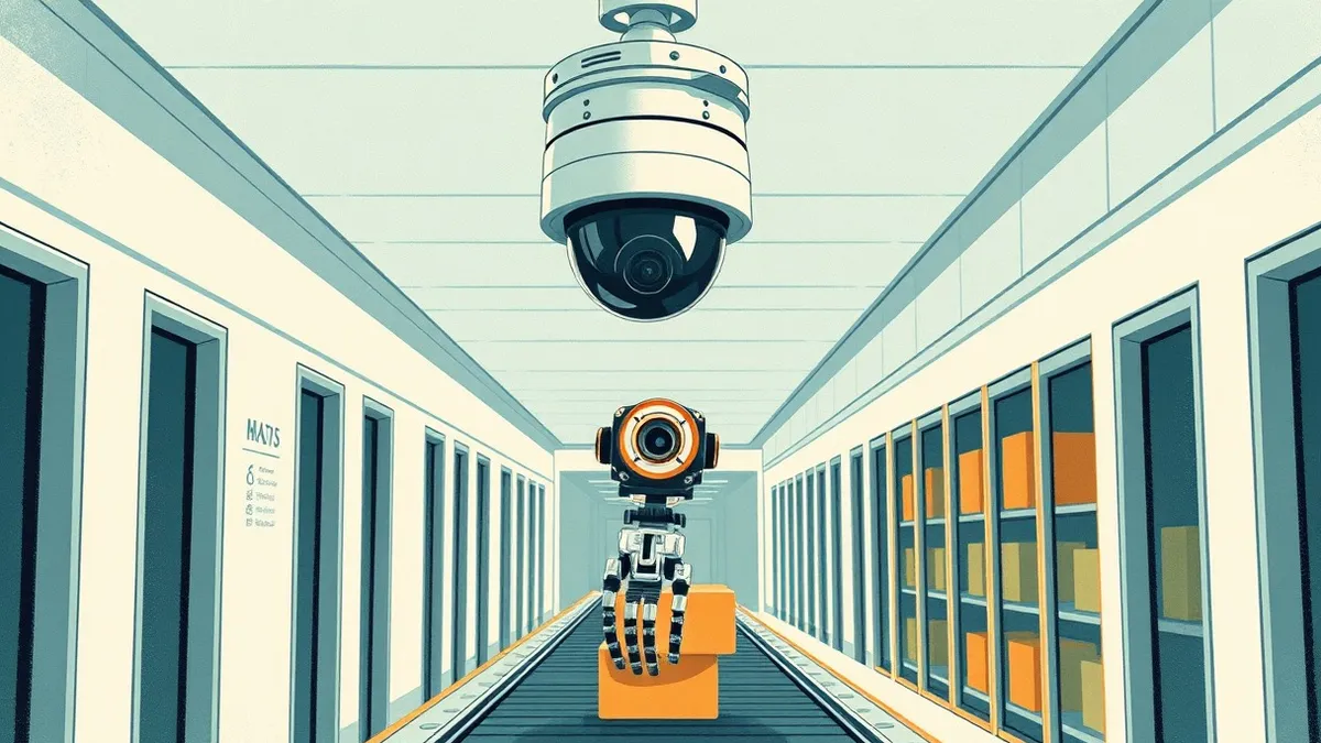 Illustration: A small white dome camera mounts on a ceiling in a bright office hallway.
