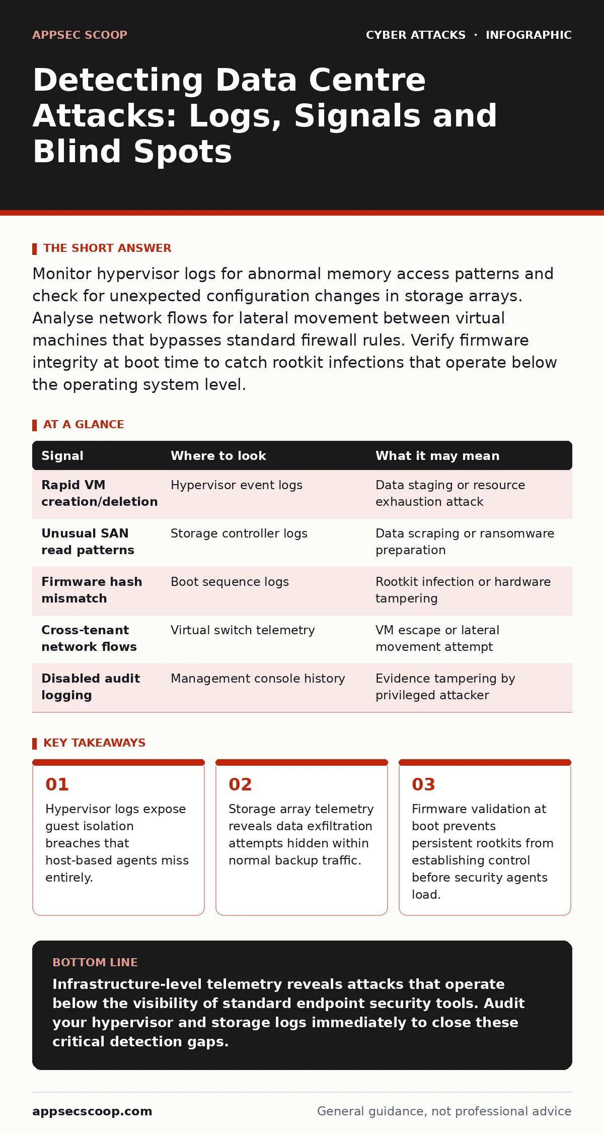 Infographic: Detecting Data Centre Attacks: Logs, Signals and Blind Spots. Hypervisor logs expose guest isolation breaches that host-based agents miss entirely. Storage array telemetry reveals data exfiltration attempts hidden within normal backup traffic. Firmware validation at boot prevents persis