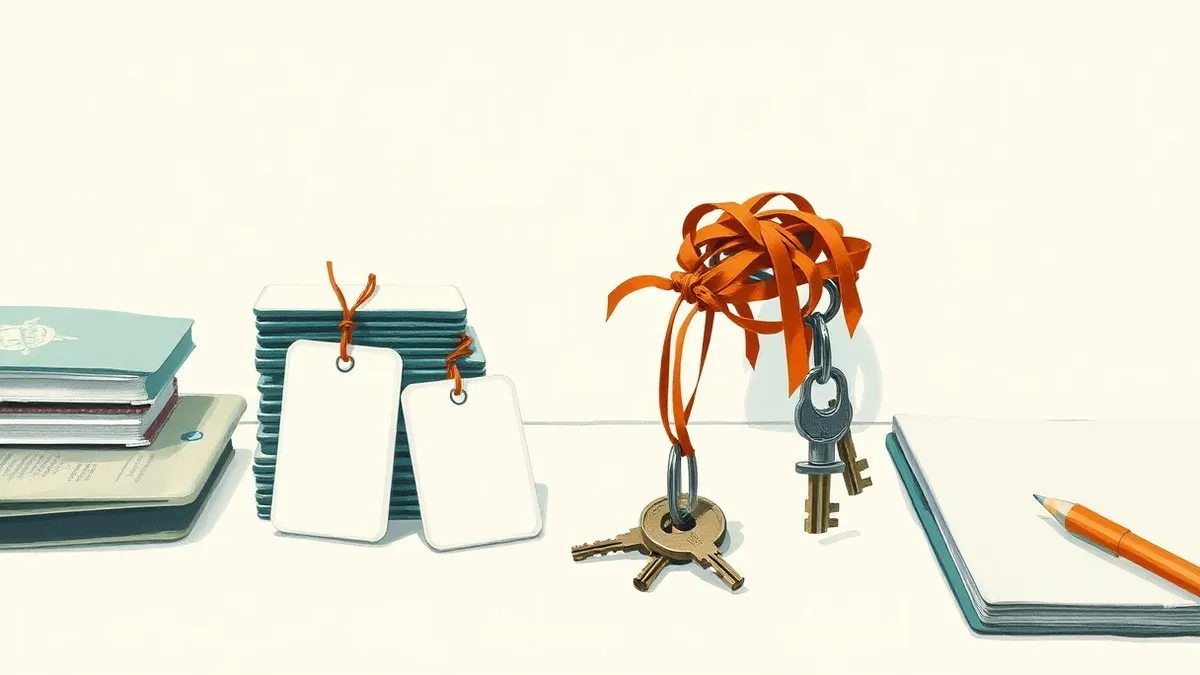 Illustration: A clean white desk holds a stack of identical blank badges, each tied to a thin colored ribbon that loops through a single heavy iron key.