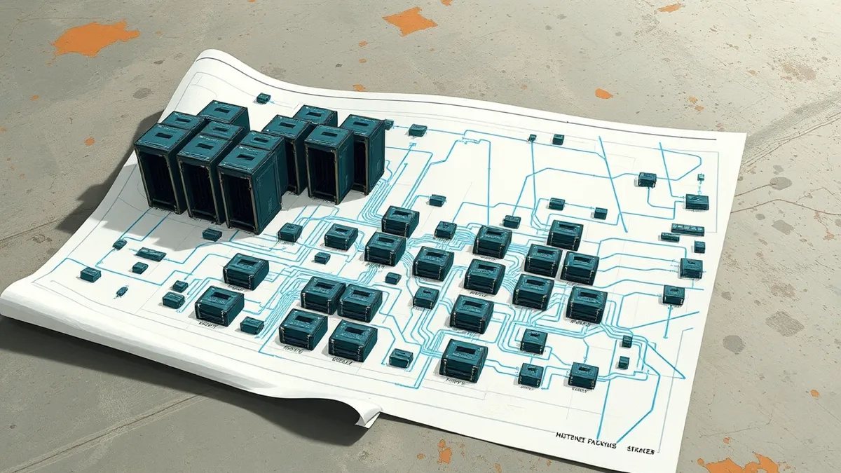 Illustration: A white technical blueprint unrolls across a concrete floor, displaying a dense grid of interconnected server chassis.