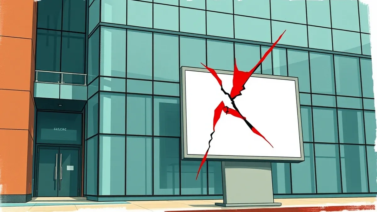 Illustration: A sleek, modern office building facade features a large digital kiosk displaying a blank white interface.
