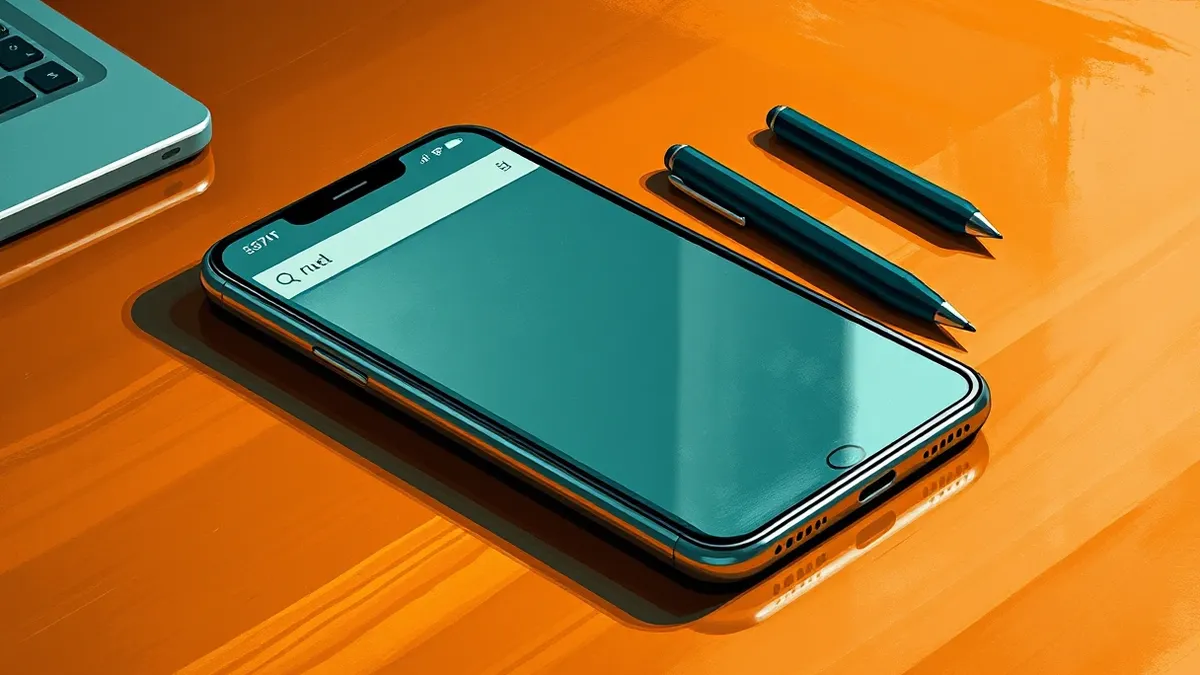 Illustration: A sleek smartphone rests on a polished wooden desk, its screen displaying a web browser window with blank abstract shapes.