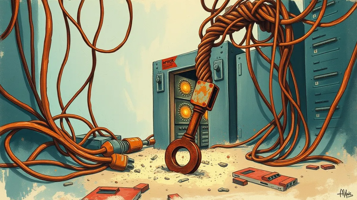 Illustration: A tangled knot of thick internal cables grows into a rusted skeleton key, bypassing a sturdy gate to reach a glowing server core.