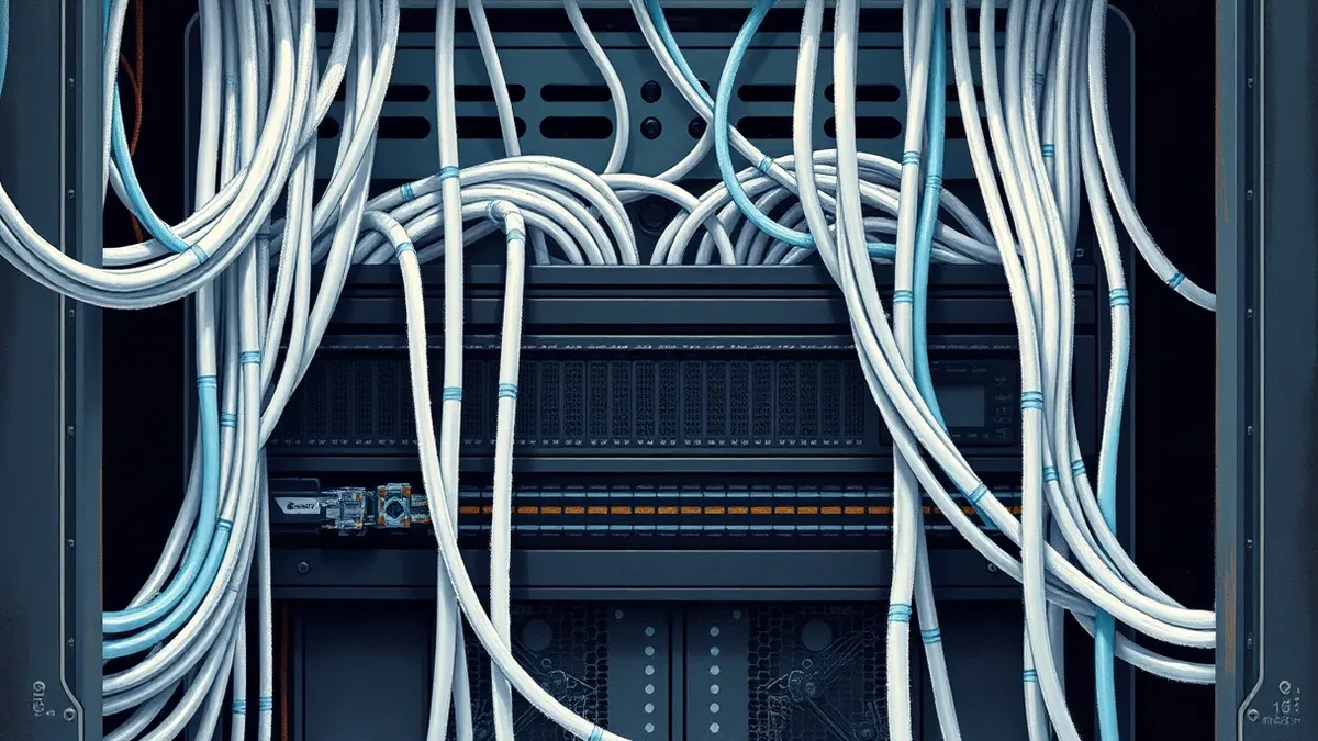 Illustration: A dense array of silver fiber optic cables connects to a sleek black network switch.