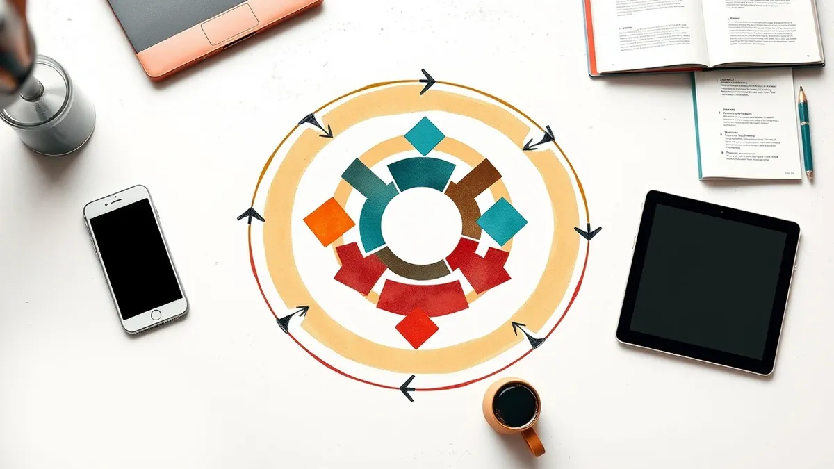 Illustration: A circular flow chart on a white table shows abstract geometric shapes rotating through distinct colored zones.