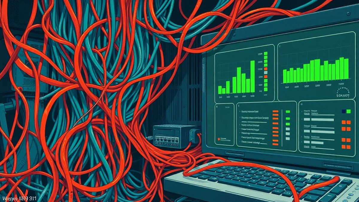 Illustration: A tangled mass of red and blue wires snakes through a dark network switch, bypassing a small, sleeping sensor node.