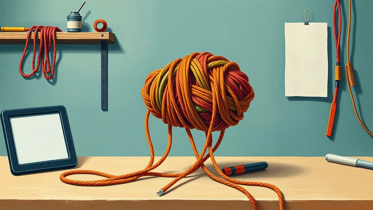 Illustration: A tangled knot of colorful yarn sits on a clean workbench, gradually unravelling into straight, parallel threads.