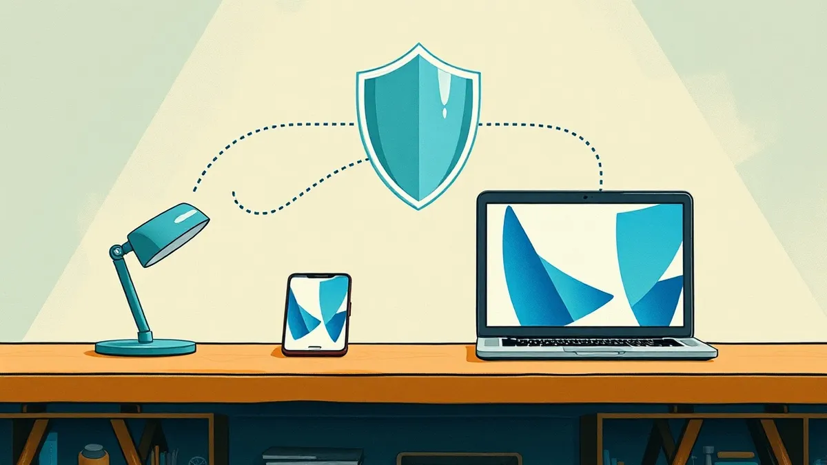 Illustration: A sleek office desk holds a smartphone and a laptop, both displaying blank screens with abstract blue geometric shapes.