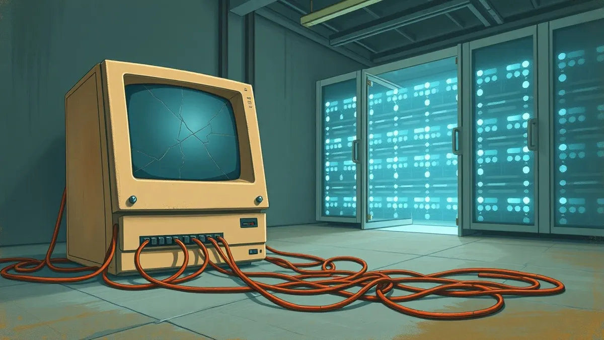 Illustration: A dusty, beige mainframe terminal sits abandoned in a dim server room.