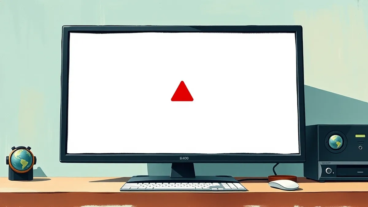 Illustration: A sleek desktop monitor sits on a clean desk, displaying a blank browser window with a single red warning triangle icon centered on the white screen.