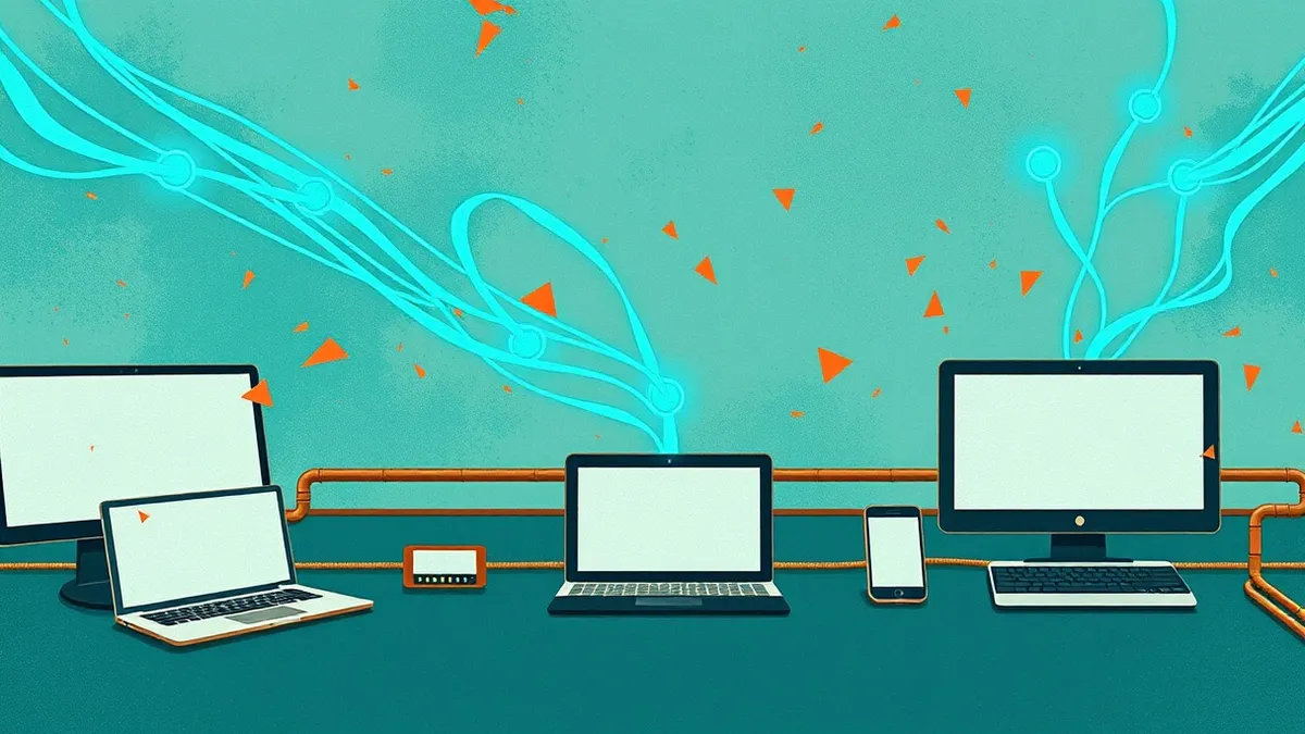 Illustration: A sleek automated pipeline connects a software repository to a global network of devices.