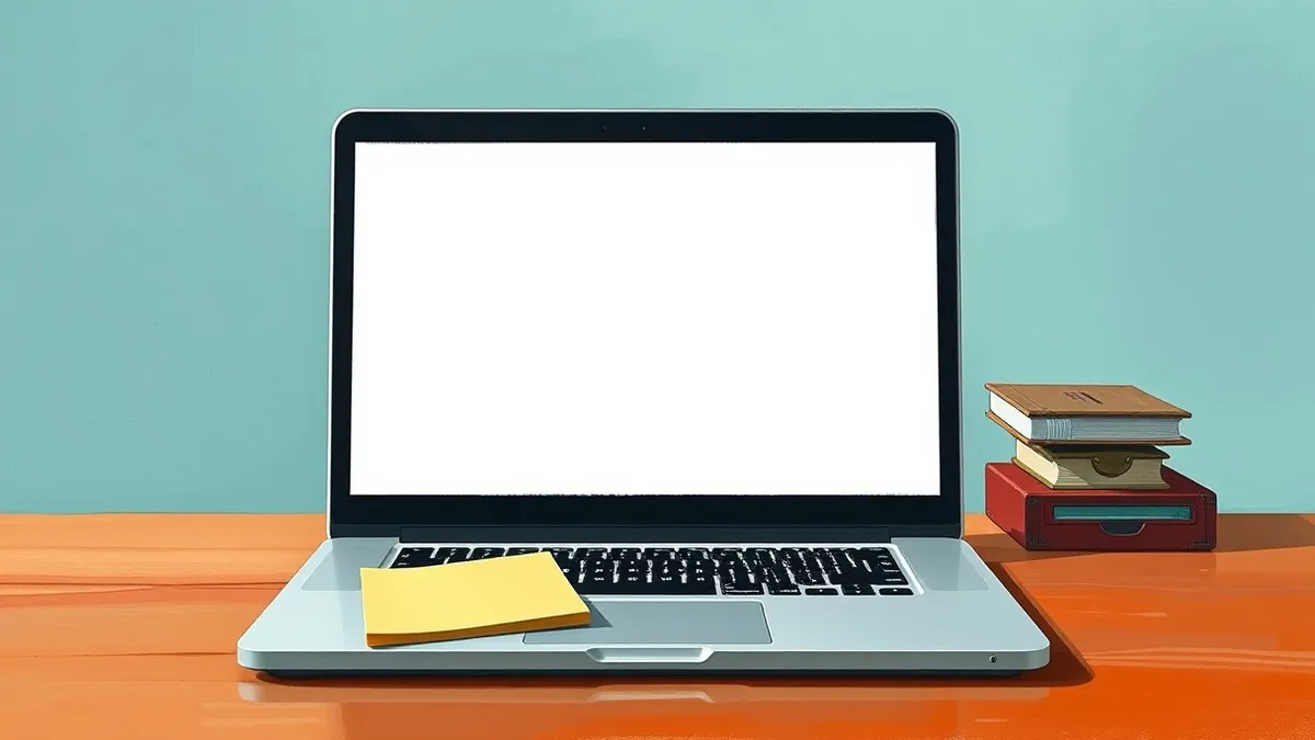 Illustration: A sleek silver laptop sits on a polished wooden desk.