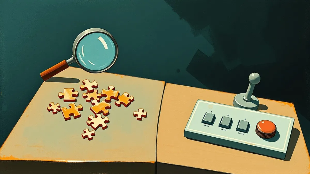 Illustration: A split desk surface shows two distinct tools.