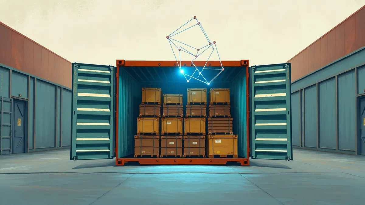 Illustration: A sleek, metallic cargo container sits open on a concrete pad, revealing neatly stacked crates.