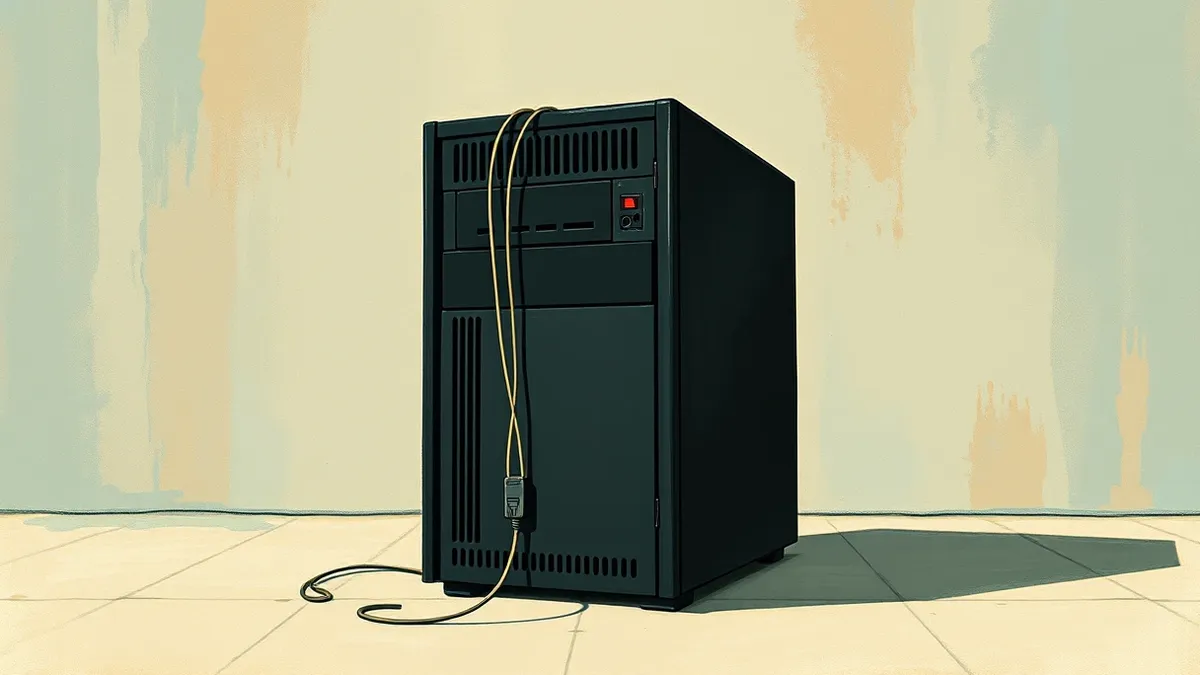 Illustration: A sleek black server tower sits on a concrete floor, its rear ports exposed to the air.
