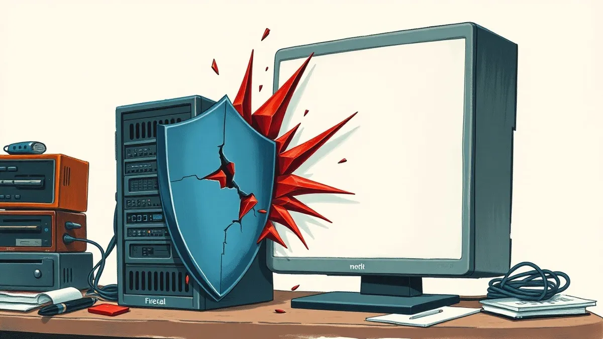 Illustration: A cracked database server sits on a cluttered desk next to a blank firewall box.