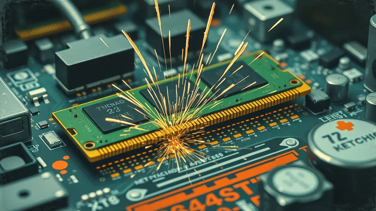 Illustration: A close-up view of a computer motherboard shows a single green memory module vibrating intensely.