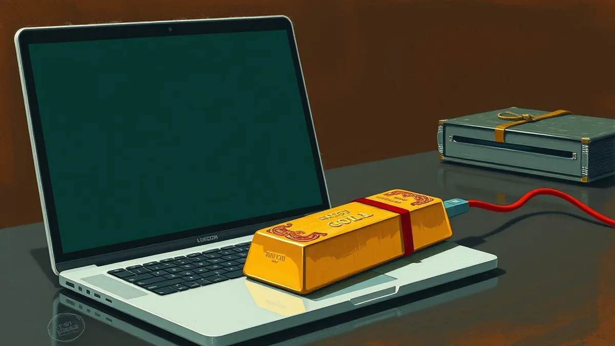 Illustration: A sleek silver laptop sits open on a dark desk, its blank screen reflecting the sharp edge of a thick, ornate gold bar resting beside it.