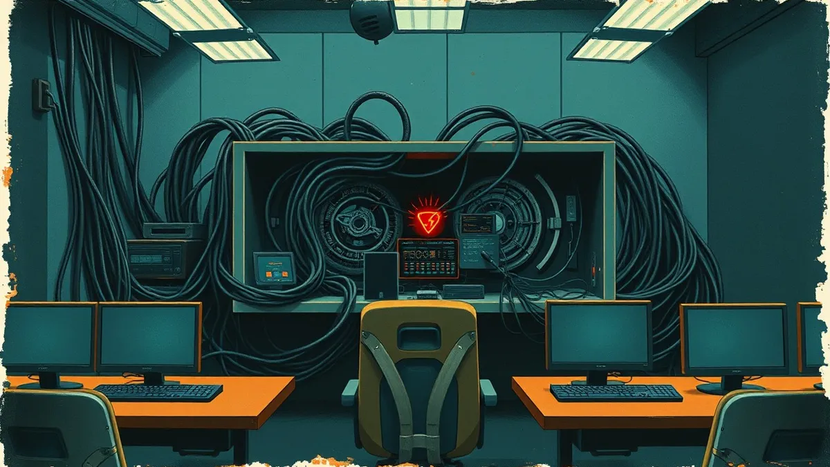 Illustration: A tangled mass of opaque black cables sits behind a sleek security console, hiding the mechanism driving the system.