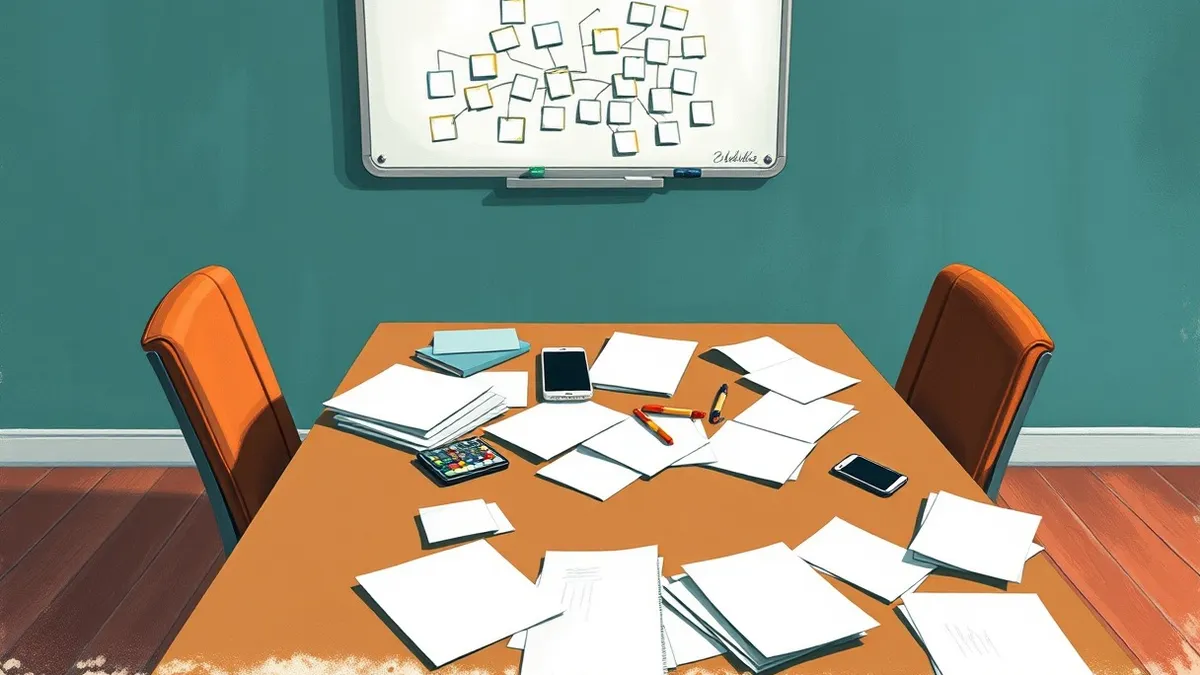 Illustration: A small, cluttered office table holds scattered blank papers, a few colored markers, and a single smartphone.
