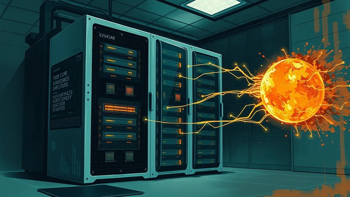 Illustration: A sleek server rack with blinking indicator lights sits in a dark room, while a glowing digital breach spreads across the metal chassis, bypassing physical barriers t