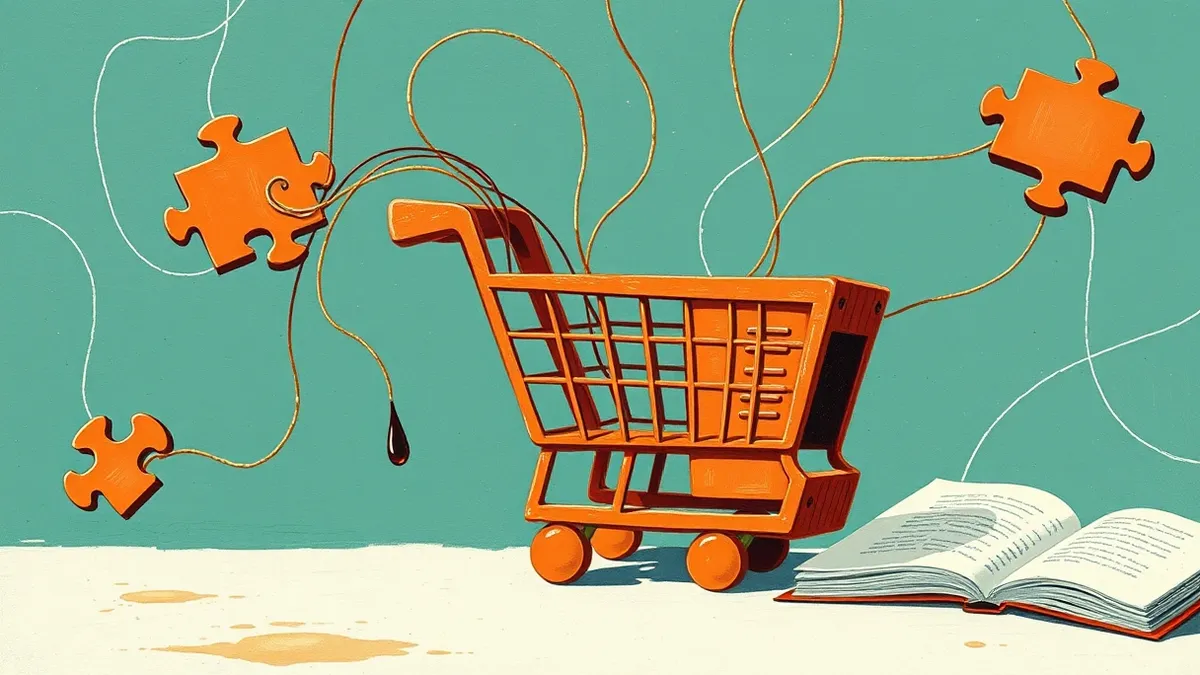 Illustration: A tangled web of thin threads connects a central shopping cart icon to several detached, misaligned puzzle pieces.