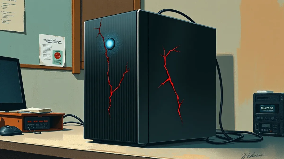 Illustration: A sleek black server tower sits on a dusty office desk, its single blue status light pulsing steadily.