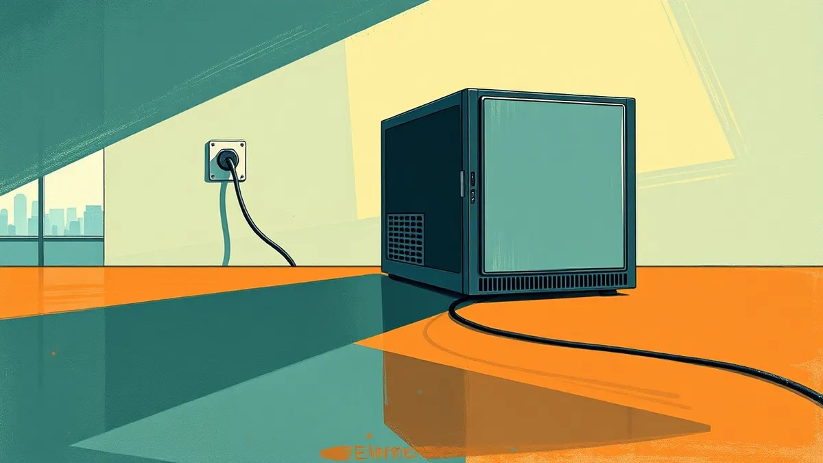 Illustration: A sleek server chassis sits on a polished desk, its blank panel reflecting a harsh overhead light.