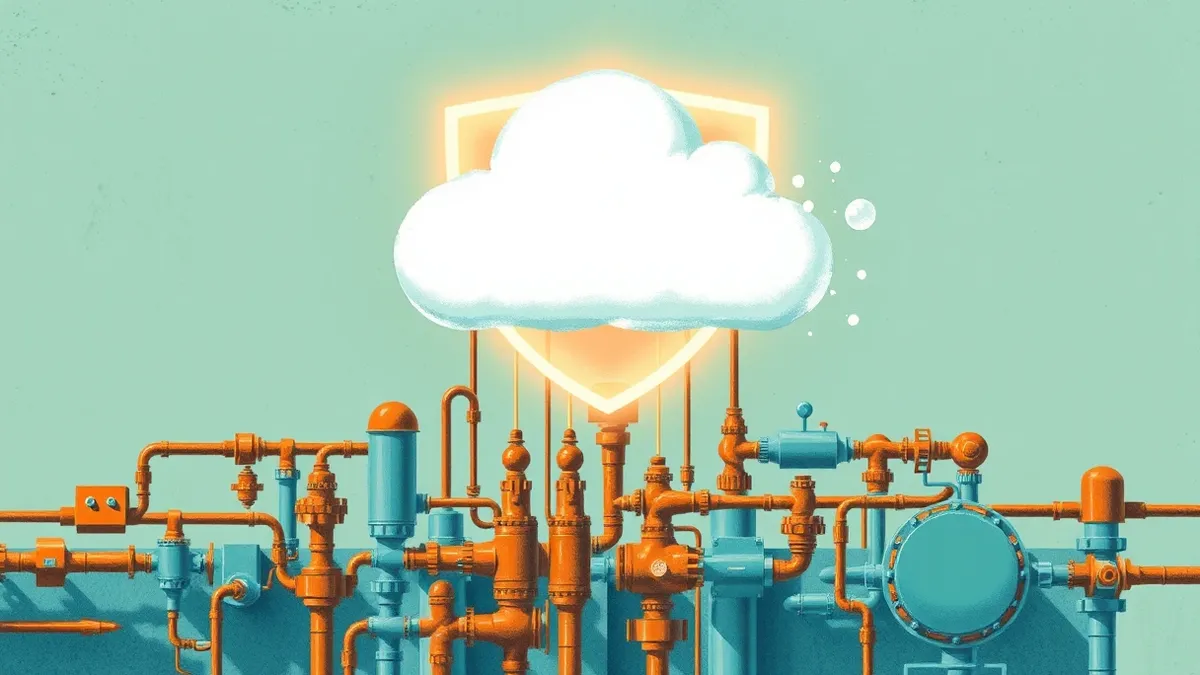 Illustration: A clean white cloud icon hovers over a complex network of interconnected pipes and valves representing operational technology.