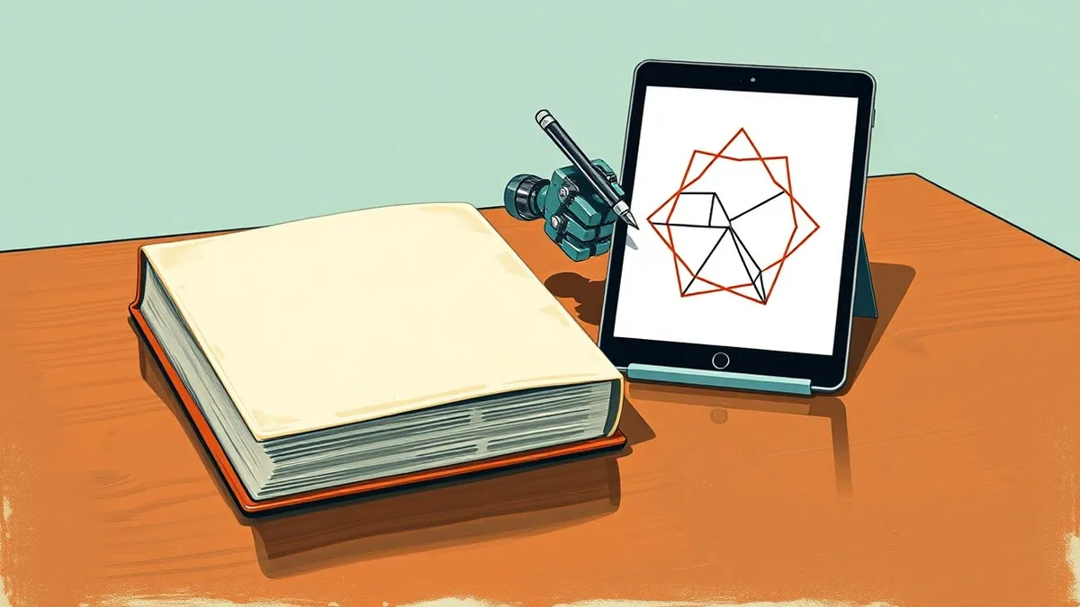Illustration: A blank hardcover book rests on a polished wooden table beside a sleek tablet device.