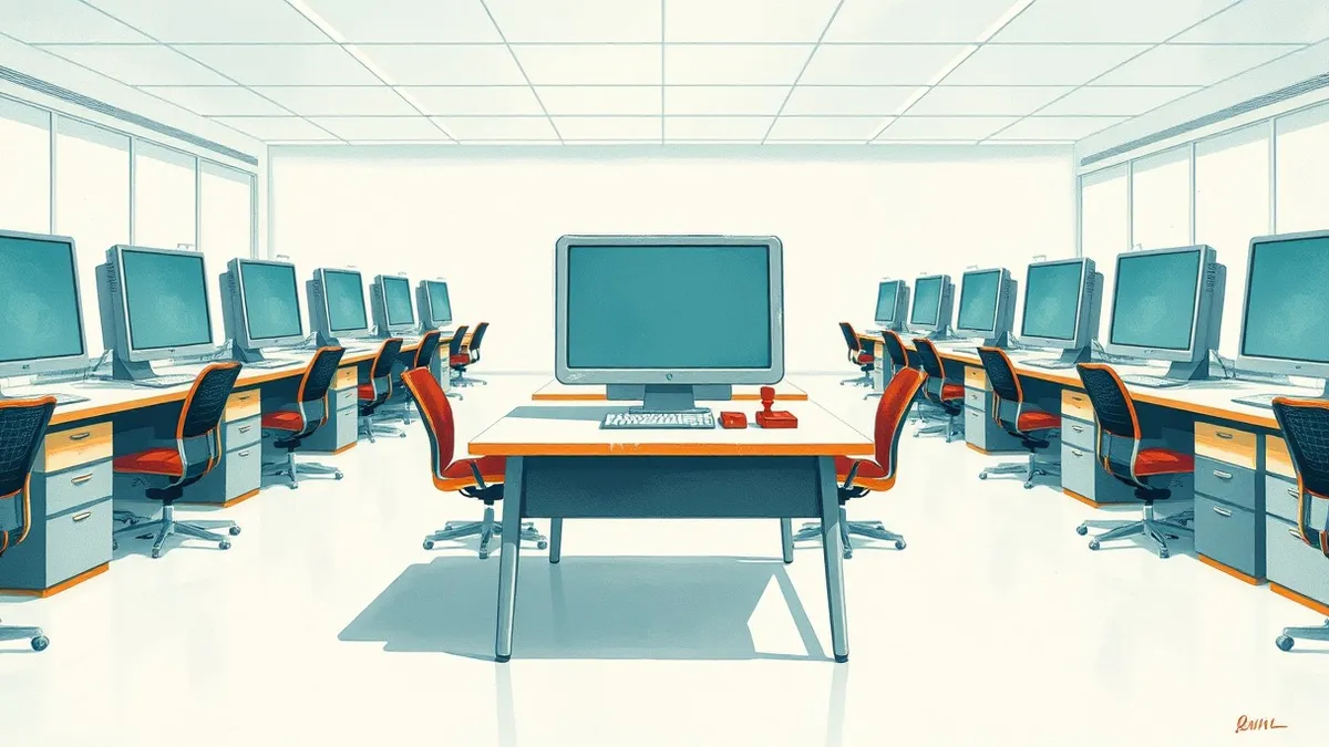 Illustration: A row of identical office desks stands empty in a sterile, white laboratory.