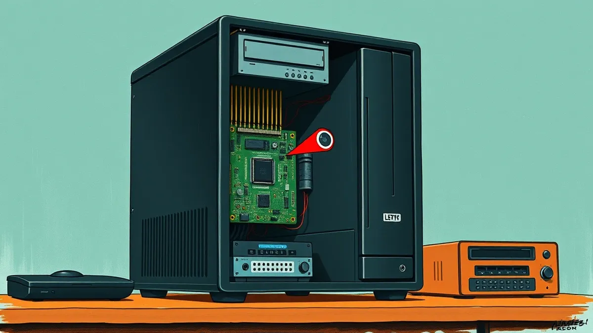 Illustration: A sleek black media processing tower sits on a desk with its side panel removed, exposing the internal circuit board.