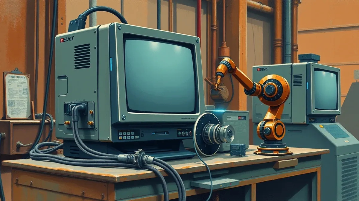 Illustration: A rugged industrial computer sits on a factory workbench, connected by thick cables to a small robotic arm that gently rotates a metallic gear.