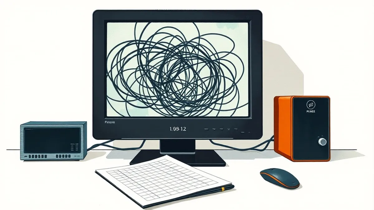 Illustration: A sleek black computer tower sits on a white desk, its screen displaying complex abstract geometric lines that tangle into chaotic knots.