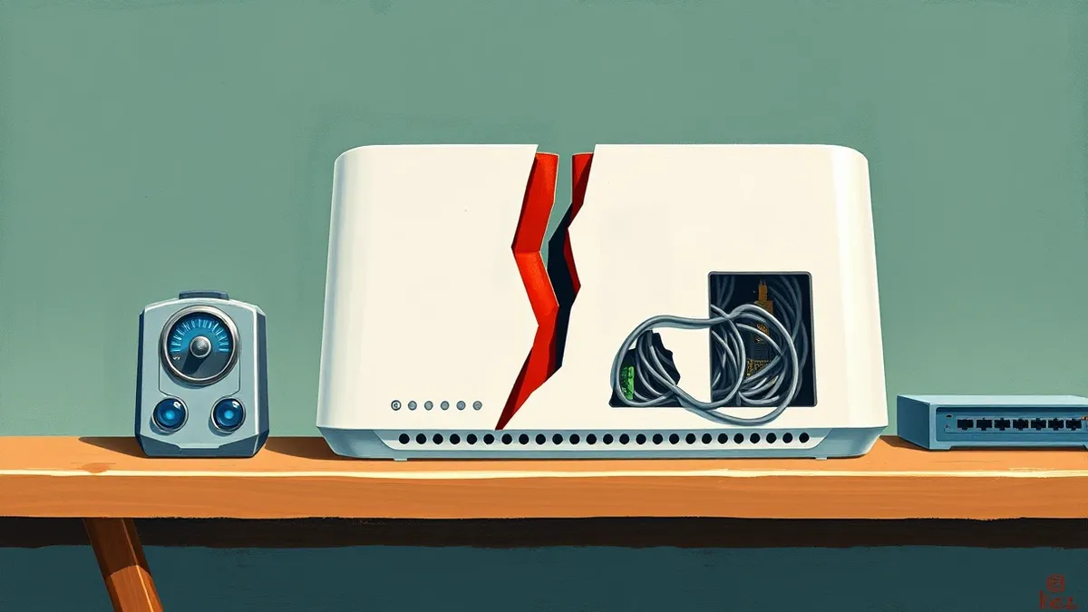 Illustration: A white wireless router sits on a wooden shelf with blinking blue lights.
