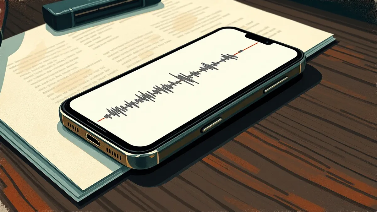 Illustration: A close-up view of a smartphone lying on a dark wooden desk, its screen displaying a blank voice waveform visualization with rigid, uniform peaks.