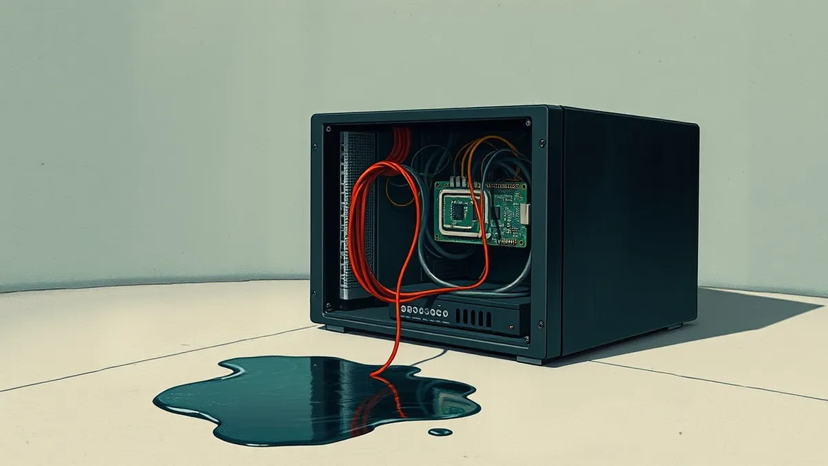 Illustration: A sleek black server box sits isolated on a concrete floor with its side panel removed, revealing tangled internal wiring and a small exposed circuit board.