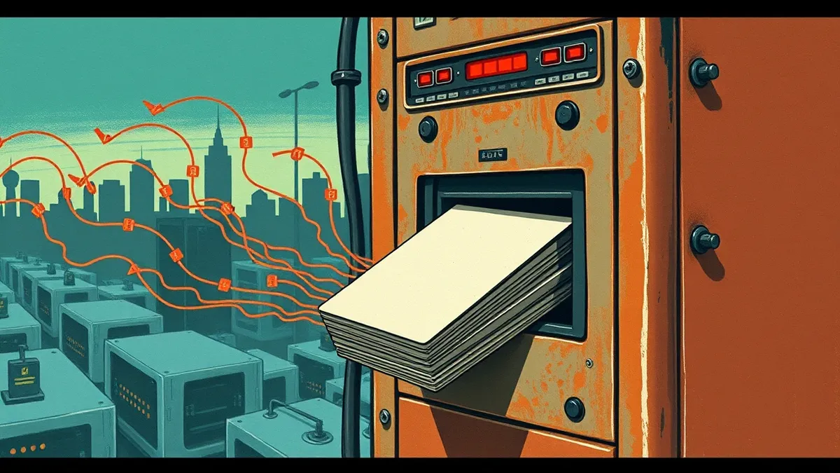 Illustration: A stack of blank credit cards feeds into a rusted slot on a server tower.